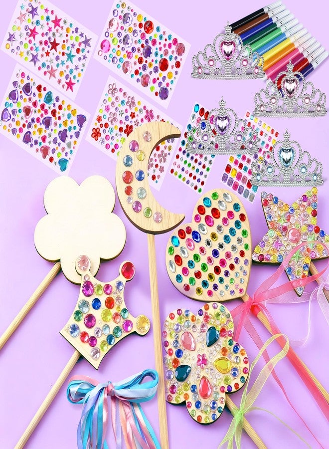 FEMBW 58PCS DIY Princess Fairy Wand Kit - 18 Wooden Wands, 18 Ribbons, 4 Gem Crowns, 6 Sheets Stickers, 12 Markers - Star, Heart, Moon, Crown, Butterfly, Flower Shapes - Birthday Craft Gift for Girls - Image 4